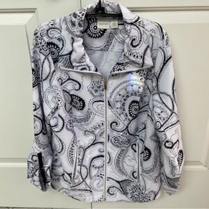 Chico's Zenergy Black White Silver Zip Lightweight Tab Sleeve Athleisure Jacket